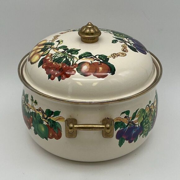 TABLETOPS UNLIMITED Pot and Lid Enamel Steel Heat Fruits Covered Serving Dish - Picture 8 of 14